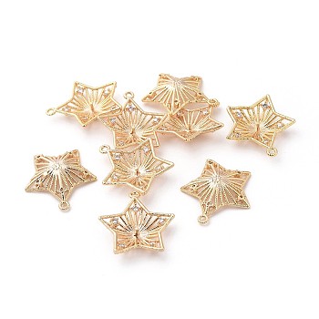 Brass Peg Bails Pendants, with Cubic Zirconia, For Half Drilled Beads, Star, Clear, Real 18K Gold Plated, 20x18.5x3.5mm, Hole: 1.2mm, Pin: 0.8mm