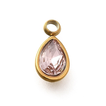 304 Stainless Steel Pendants, with Rhinestone, Real 18K Gold Plated, Ion Plating(IP), Teardrop, Light Rose, 10.5x5.5x0.5mm, Hole: 1.8mm