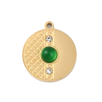 Ion Plating(IP) 304 Stainless Steel Pendants, with Rhinestone and Glass, Flat Round, Golden, 16x14x4mm, Hole: 1.2mm