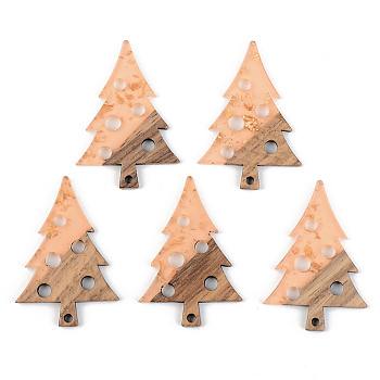 Transparent Resin & Walnut Wood Pendants, with Foil, Christmas Tree with Round, Dark Salmon, 40x28x3mm, Hole: 2mm