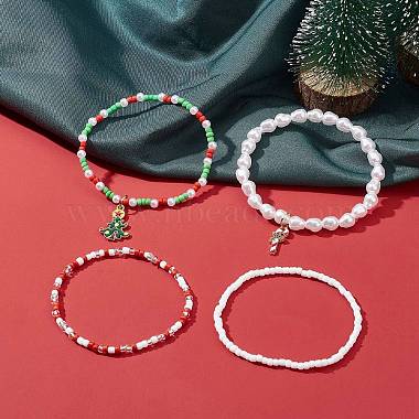 4Pcs 4 Style Glass Pearl & Seed Beaded Stretch Bracelets Set(BJEW-JB09373)-6