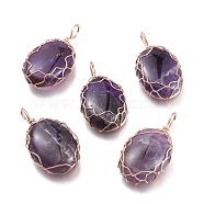 Natural Amethyst Pendants, Wire Wrapped Pendants, with Rose Gold Plated Brass Wire, Oval, 42.5x23x10mm, Hole: 5x7mm(G-K305-B06-RG)