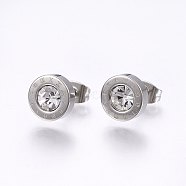304 Stainless Steel Stud Earrings, with Rhinestone, Flat Round with Roman Numerals, Crystal, 9x3.5mm, Pin: 0.8mm, 12pairs/card(EJEW-H362-10P-A)