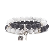 Key & Lock Alloy Charms Bracelets Set for Couples, Natural Lava Rock & Howlite Beaded Stretch Bracelets, with Magnetic Clasp, Inner Diameter: 2-1/2 inch(6.2cm), 2pcs/set(BJEW-TA00067)