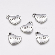 Tibetan Style Alloy Family Charms, Heart with Word Sister, Cadmium Free & Nickel Free & Lead Free, Antique Silver, 14x18x3mm, Hole: 2.5mm(X-TIBEP-5429-AS-FF)