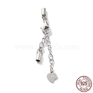Rhodium Plated 925 Sterling Silver Curb Chain Extender, End Chains with Lobster Claw Clasps and Cord Ends, Heart Chain Tabs, with S925 Stamp, Platinum, 22.5mm(STER-G039-03C-P)
