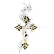 Dragon with Cross Rhinestone Brooch Pins, Alloy Badge for Unisex, Antique Golden, 83x39x17mm(JEWB-K018-11AG)