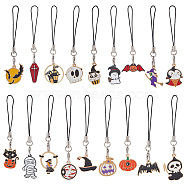 Cell Phone Straps for Halloween, with Alloy Enamel Pandant and Nylon Cord Loop, Cat/Ghost/Pumpkin/Bat/Witch, Mixed Patterns, 7~9cm, 18pcs/set, 1 set/box(HJEW-FH0001-39)