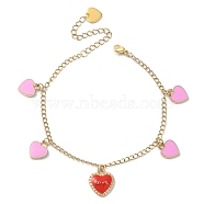 Heart with Word Love Alloy Enamel Charm Bracelet, Ion Plating(IP) 304 Stainless Steel Bracelet for Valentine's Day, Red, 7-5/8 inch(19.5cm)(BJEW-JB09557)