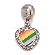 304 Stainless Steel Crystal Rhinestone European Dangle Charms, Large Hole Pendants, with Enamel, Stainless Steel Color, Heart with Strip Pattern, Colorful, 22.5mm, Hole: 4.5mm(STAS-F278-16P)