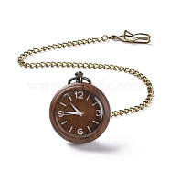 Ebony Wood Pocket Watch with Brass Curb Chain and Clips, Flat Round Electronic Watch for Men, Coconut Brown, 16-3/8~17-1/8 inch(41.7~43.5cm)(WACH-D017-A01-04AB)