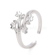 Clear Cubic Zirconia Clover & Leaf Open Cuff Ring, Brass Jewelry for Women, Platinum, Inner Diameter: 16mm(RJEW-E072-07P)