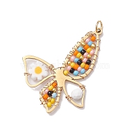 201 Stainless Steel Pendants, with Natural Howlite & Glass Beads, Butterfly with Flower Charms, Colorful, 30.5x32x4mm, Hole: 3mm(PALLOY-MZ00190)