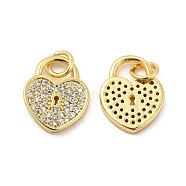 Brass Micro Pave Clear Cubic Zirconia Charms, with Jump Ring, Heart Lock Charm, Real 18K Gold Plated, 13.5x11x2mm, Hole: 3.5mm(X-KK-E068-VB127)