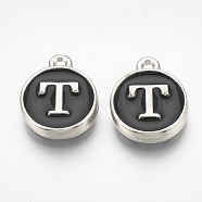 Alloy Enamel Charms, Flat Round with Letter, Platinum, Black, Letter.T, 14x11.5x2.5mm, Hole: 1mm(ENAM-T007-01-T)