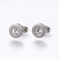 304 Stainless Steel Stud Earrings, with Rhinestone, Flat Round with Roman Numerals, Crystal, 9x3.5mm, Pin: 0.8mm, 12pairs/card(EJEW-H362-10P-A)