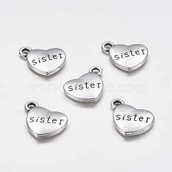 Tibetan Style Alloy Family Charms, Heart with Word Sister, Cadmium Free & Nickel Free & Lead Free, Antique Silver, 14x18x3mm, Hole: 2.5mm(X-TIBEP-5429-AS-FF)