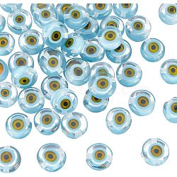 1 Strand Handmade Evil Eye Lampwork Beads Strands, Flat Round, Light Blue, 8x3.2mm, Hole: 1mm, about 49pcs/strand, 14.56''(36.98cm)(LAMP-NB0001-69)