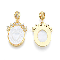 Brass Micro Pave Clear Cubic Zirconia Pendants, with Shell, Nickel Free, Real 18K Gold Plated, Oval with Heart, Creamy White, 27x20x3mm, Hole: 2.5x6mm(KK-N227-133)