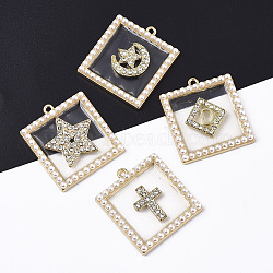 Epoxy Resin Pendants, with Light Gold Plated Alloy Rhinestone Findings and ABS Plastic Imitation Pearl, Square with Star/Cross/Moon/Initial Letter D, Light Gold, 33x29.5x4mm, Hole: 1.6mm(RESI-S381-05)