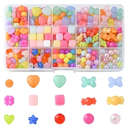 375Pcs 11 Style Transparent Acrylic Beads, Imitation Jelly, Cube & Clover & Heart & Candy, Mixed Color, 8~13.5x8~16x4~10mm, Hole: 1.5~2.5mm(JACR-FS0001-01)