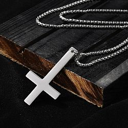 304 Stainless Steel Upside Down Cross Pendant Box Chain Necklaces, Ion Plating(IP), Stainless Steel Color, 23.68 inch(60.15cm)(NJEW-NH0001-07P)