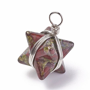 Natural Dragon Blood Stone Pendants, with Brass Findings, Merkaba Star, Platinum, 24~27x17x17mm, Hole: 3.5~4mm