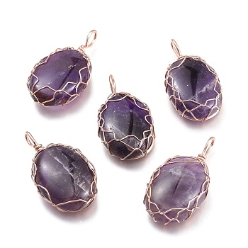 Natural Amethyst Pendants, Wire Wrapped Pendants, with Rose Gold Plated Brass Wire, Oval, 42.5x23x10mm, Hole: 5x7mm