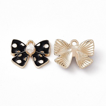 Alloy Enamel Pendants, with ABS Plastic Imitation Pearl Beads, Light Gold, Bowknot Charm, Black, 12.5x16.5x5mm, Hole: 1.6mm