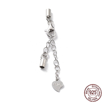 Rhodium Plated 925 Sterling Silver Curb Chain Extender, End Chains with Lobster Claw Clasps and Cord Ends, Heart Chain Tabs, with S925 Stamp, Platinum, 22.5mm