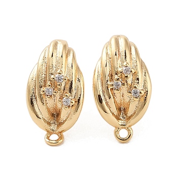 Brass with Clear Cubic Zirconia Stud Earring Findings, Leaf, Real 18K Gold Plated, 15x8mm, Hole: 1mm, Pin: 0.7x12mm