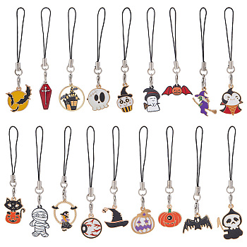 Cell Phone Straps for Halloween, with Alloy Enamel Pandant and Nylon Cord Loop, Cat/Ghost/Pumpkin/Bat/Witch, Mixed Patterns, 7~9cm, 18pcs/set, 1 set/box