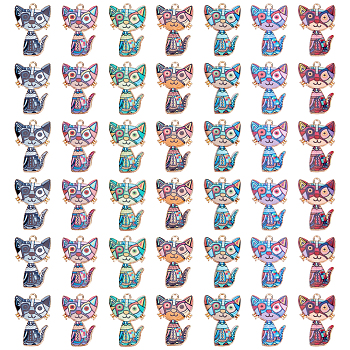 42Pcs 7 Colors Alloy Enamel Pendants, Light Gold, Cat Charm, Mixed Color, 26x17mm, 6pcs/color