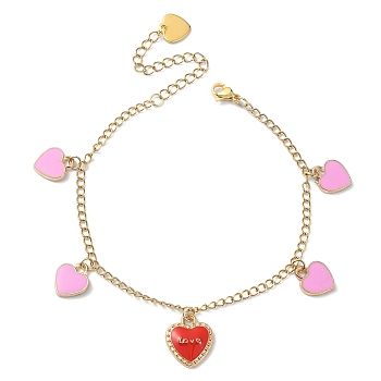 Heart with Word Love Alloy Enamel Charm Bracelet, Ion Plating(IP) 304 Stainless Steel Bracelet for Valentine's Day, Red, 7-5/8 inch(19.5cm)