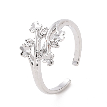 Clear Cubic Zirconia Clover & Leaf Open Cuff Ring, Brass Jewelry for Women, Platinum, Inner Diameter: 16mm