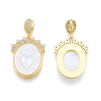Brass Micro Pave Clear Cubic Zirconia Pendants, with Shell, Nickel Free, Real 18K Gold Plated, Oval with Heart, Creamy White, 27x20x3mm, Hole: 2.5x6mm