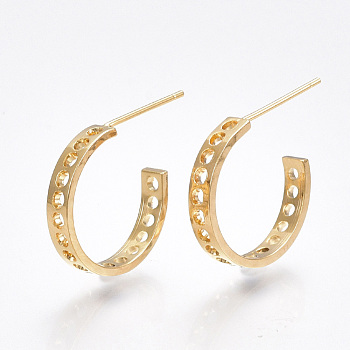 Brass Stud Earring Findings, Half Hoop Earrings, with Loop, Nickel Free, Real 18K Gold Plated, 16x21x3mm, Hole: 1.5mm, Pin: 0.8mm