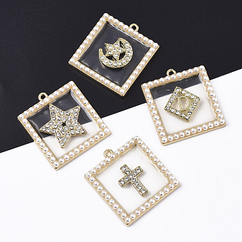 Epoxy Resin Pendants, with Light Gold Plated Alloy Rhinestone Findings and ABS Plastic Imitation Pearl, Square with Star/Cross/Moon/Initial Letter D, Light Gold, 33x29.5x4mm, Hole: 1.6mm