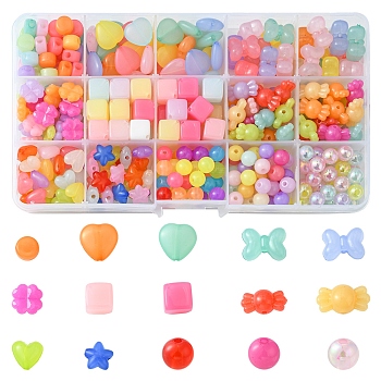 375Pcs 11 Style Transparent Acrylic Beads, Imitation Jelly, Cube & Clover & Heart & Candy, Mixed Color, 8~13.5x8~16x4~10mm, Hole: 1.5~2.5mm