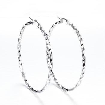 304 Stainless Steel Big Hoop Earrings, Hypoallergenic Earrings, Twisted Ring Shape, Silver, 56x55x2.5mm, 10 Gauge, Pin: 1x0.8mm
