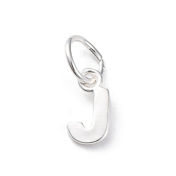 925 Sterling Silver Letter Charms, with Jump Rings and 925 Stamp, Silver Color Plated, Letter J, 7.5x4x0.8mm, Hole: 4mm