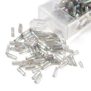 10G Ceylon Glass Twist Bugle Beads, Transparent Colours Rainbow, Gray, 6.5x2mm, Hole: 0.8mm