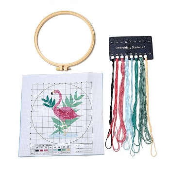 Flamingo Shape DIY Cross Stitch Beginner Kits, Stamped Cross Stitch Kit, Including Printed Fabric, Embroidery Thread & Needles, Embroidery Hoop, Instructions, 0.3~0.4mm, 8 colors