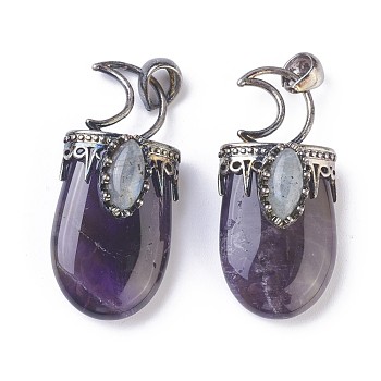 Natural Amethyst Pendants, with Brass Findings, Oval, Antique Silver, 44~46x20~21x16~17mm, Hole: 5x7mm
