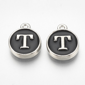 Alloy Enamel Charms, Flat Round with Letter, Platinum, Black, Letter.T, 14x11.5x2.5mm, Hole: 1mm
