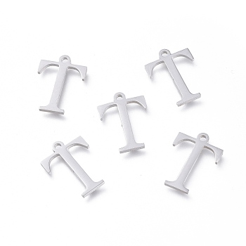 304 Stainless Steel Charms, Greek Alphabet, Stainless Steel Color, Letter.T, 14x10.5x1mm, Hole: 1.2mm
