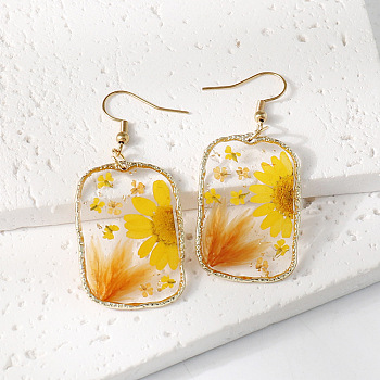 Resin & Dried Flower Rectangle Dangle Earrings, Golden, Gold, 33x24mm
