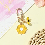Alloy Enamel Pendant Deocrations, with Alloy Lobster Claw Clasps, Bees/Flower, Yellow, 60mm(HJEW-YW00015-01)