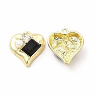 Rack Plating Alloy with Glass Heart with Rectangle Pendants, with ABS Plastic Imitation Pearl Beaded, Light Gold, Cadmium Free & Nickel Free & Lead Free, Black, 20x18.5x7mm, Hole: 1.6mm(FIND-G051-08LG-01)