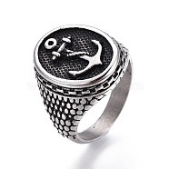 304 Stainless Steel Signet Rings for Men, Wide Band Finger Rings, Flat Round with Anchor, Antique Silver, Size 7~13, 17~22mm(RJEW-O032-10AS)